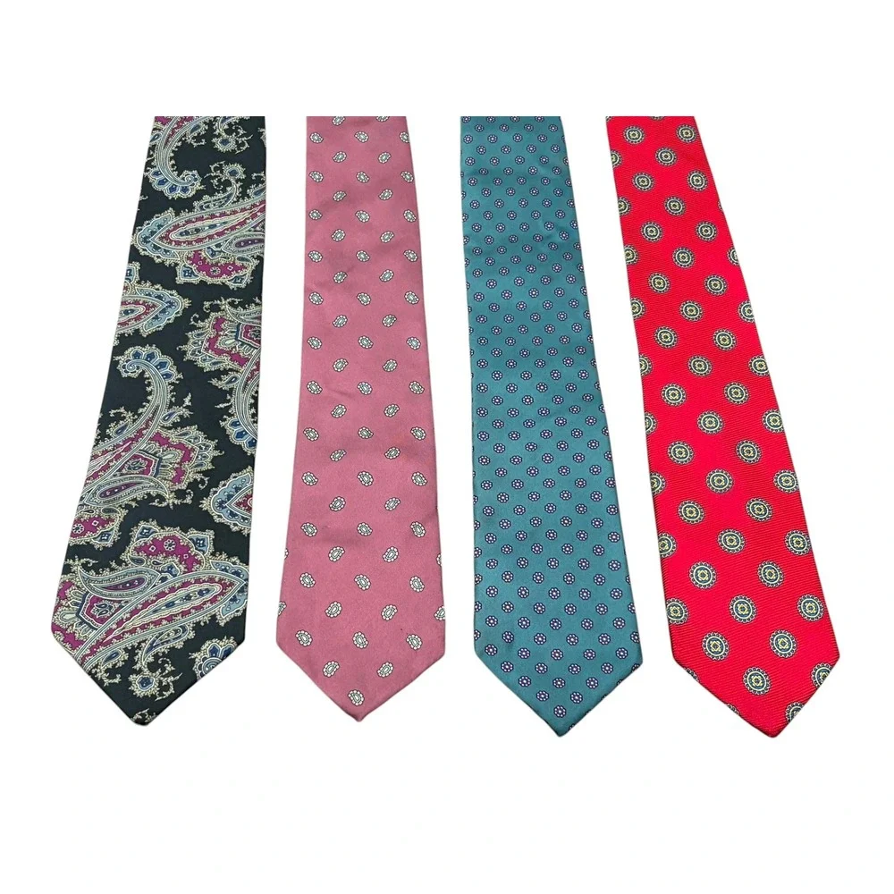 Lands End Mens Silk Ties Lot of 3 Handsewn USA Paisley Green Pink Red